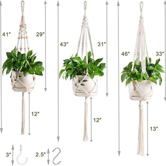 3PC Macrame Hanging Planters | Natural Beige | Cotton Cord | Boho Wall Decor - Picture 4 of 4